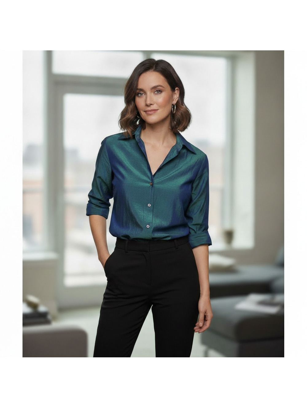 015 Gap Iridescent Blue Green Shimmer Button Down Shirt Long Sleeve Small